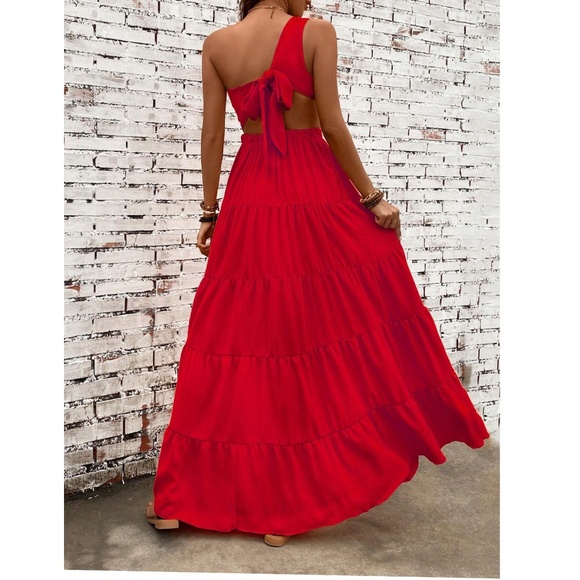 Dresses & Skirts - Vibrant One Shoulder Tie Back Stretchy Waist Maxi Dress